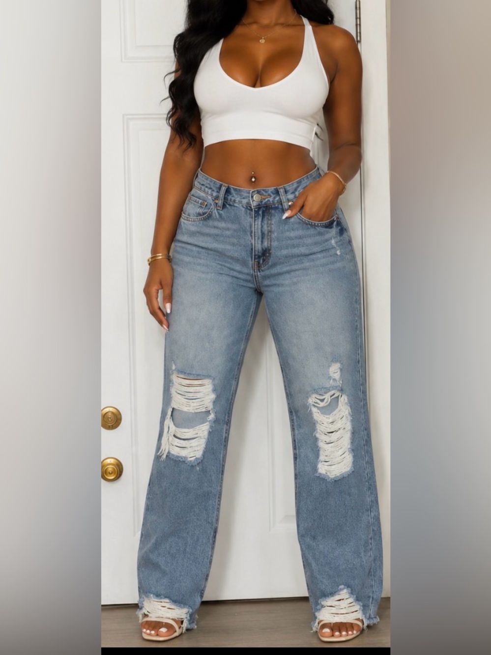 Fashion Nova Light Blue Distressed Straight Leg Jeans